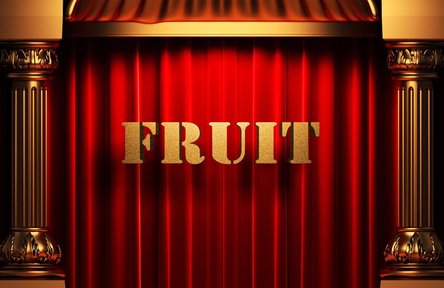 palavra de fruta dourada na cortina vermelha foto