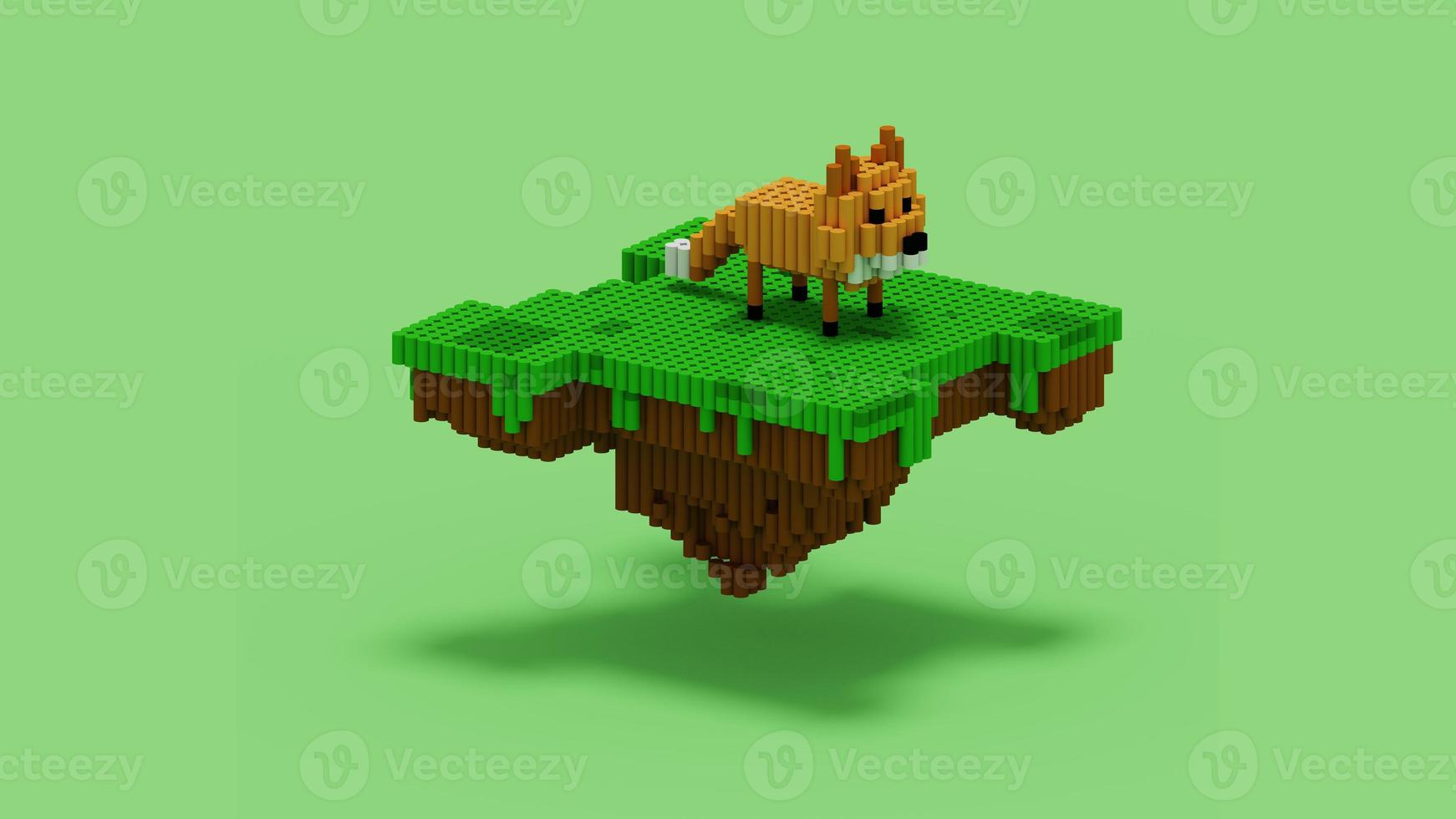 Renderização em 3D da ilha de raposa flutuante com estilo voxel de cilindro e também usando esquema de cores laranja, marrom, branco, preto e verde. perfeito para referências de personagens de jogos foto