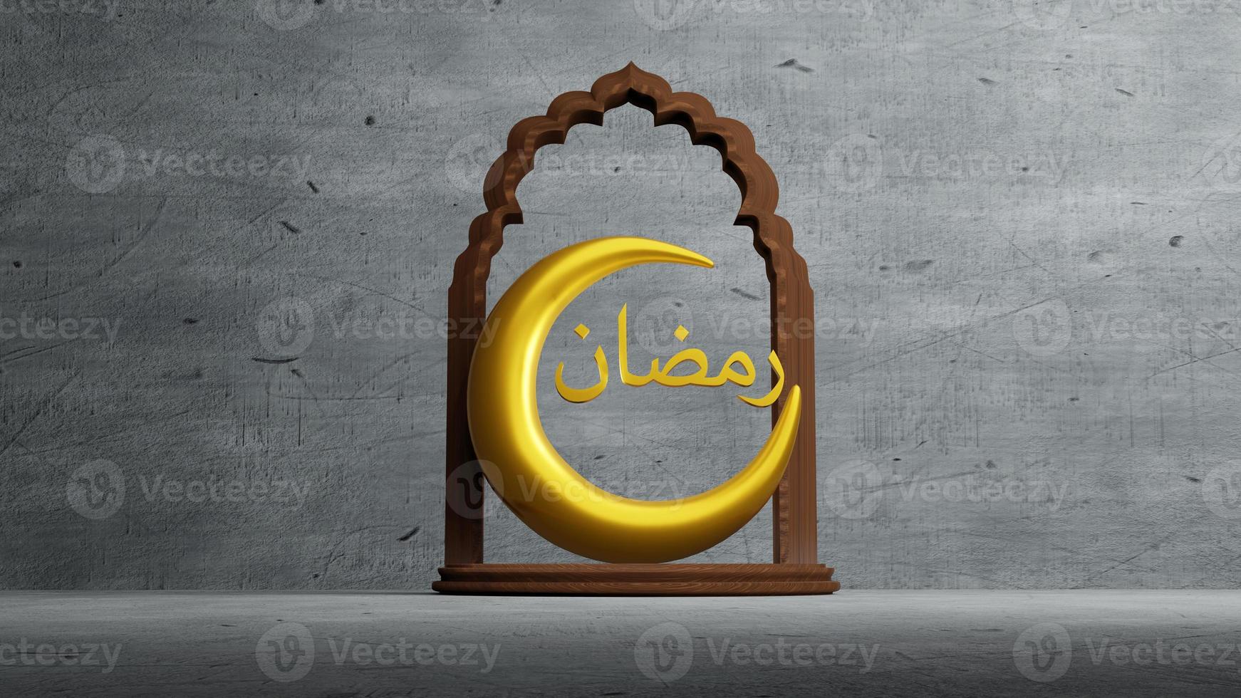 símbolo da lua crescente do islã com alfabeto árabe do ramadã, renderização em 3d foto