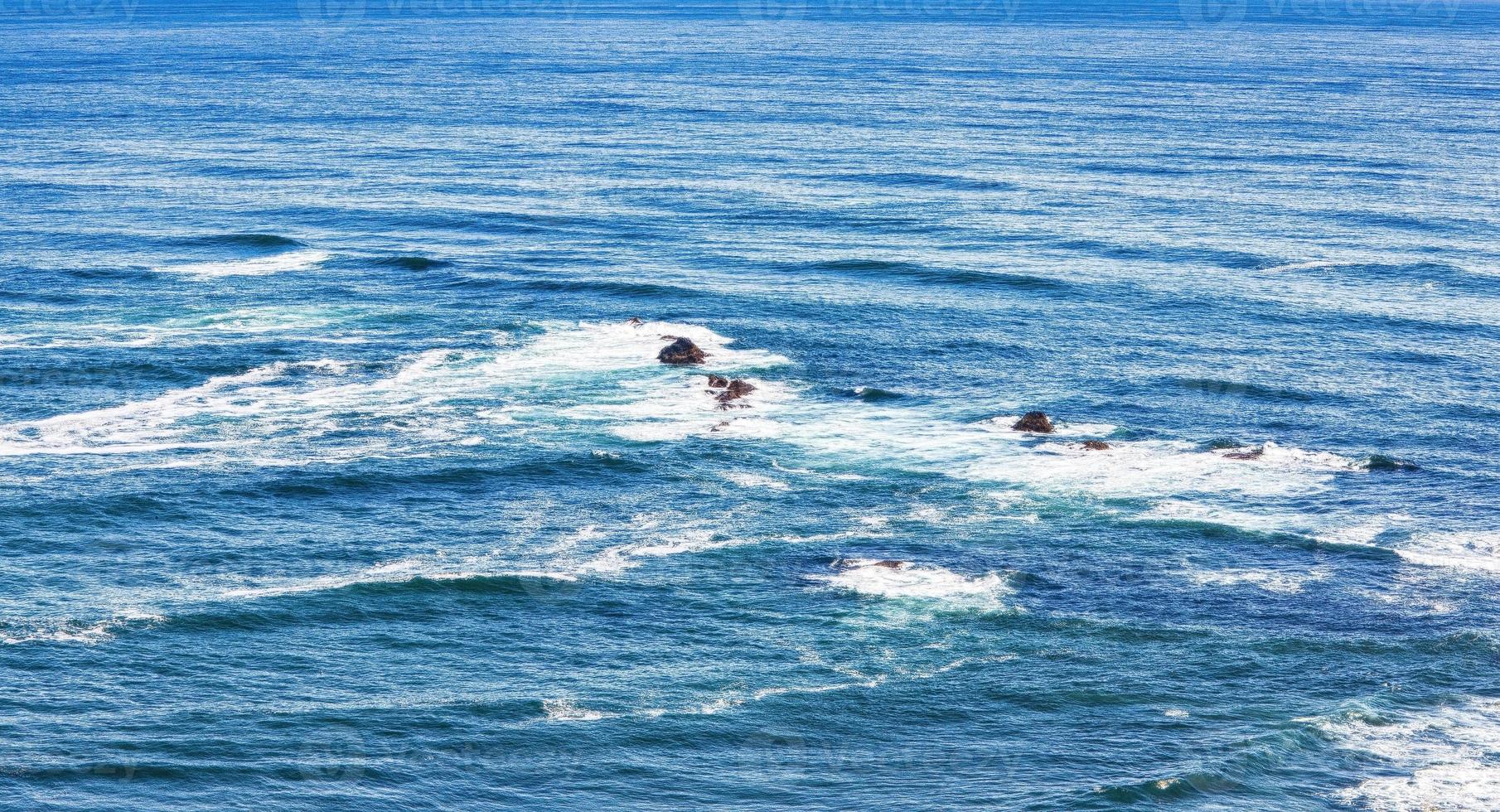 vista aérea de cima do oceano, rochas e ondas de água no oceano pacífico foto