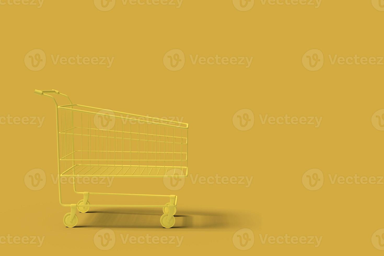 carrinho de loja amarelo em uma imagem abstrata de fundo amarelo. negócio de compras de conceito mínimo. renderização 3D. foto