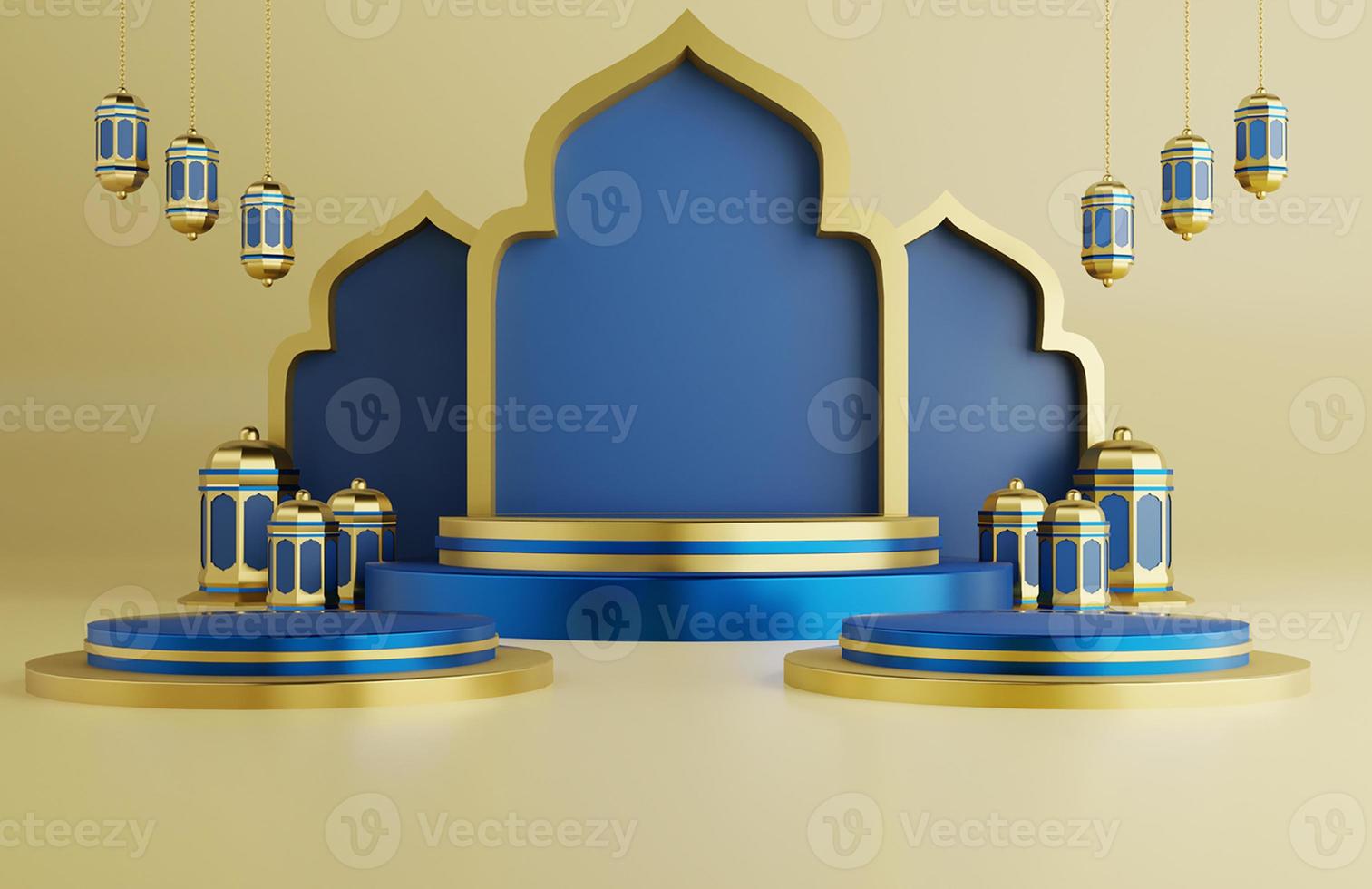 fundo de saudação do ramadã islâmico com estrela de ornamento de mesquita 3d e lanternas árabes foto