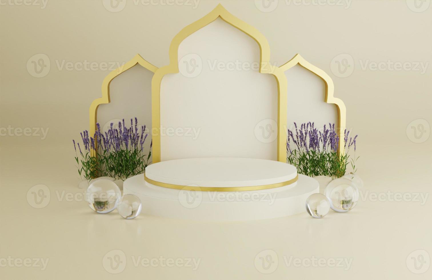 fundo de creme de saudação de ramadã islâmico tropical com lanternas árabes de ornamento de mesquita 3d foto