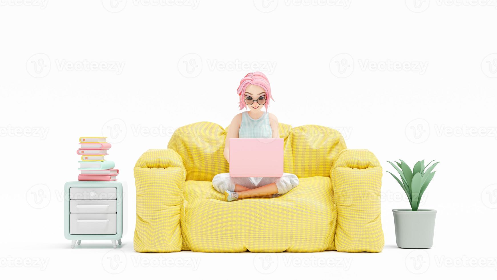 jovem feliz sentada no sofá amarelo. gosta de estudar, aprender e pesquisar informações do computador. laptop rosa é colocado no colo. personagem de desenho animado, renderização em 3d foto