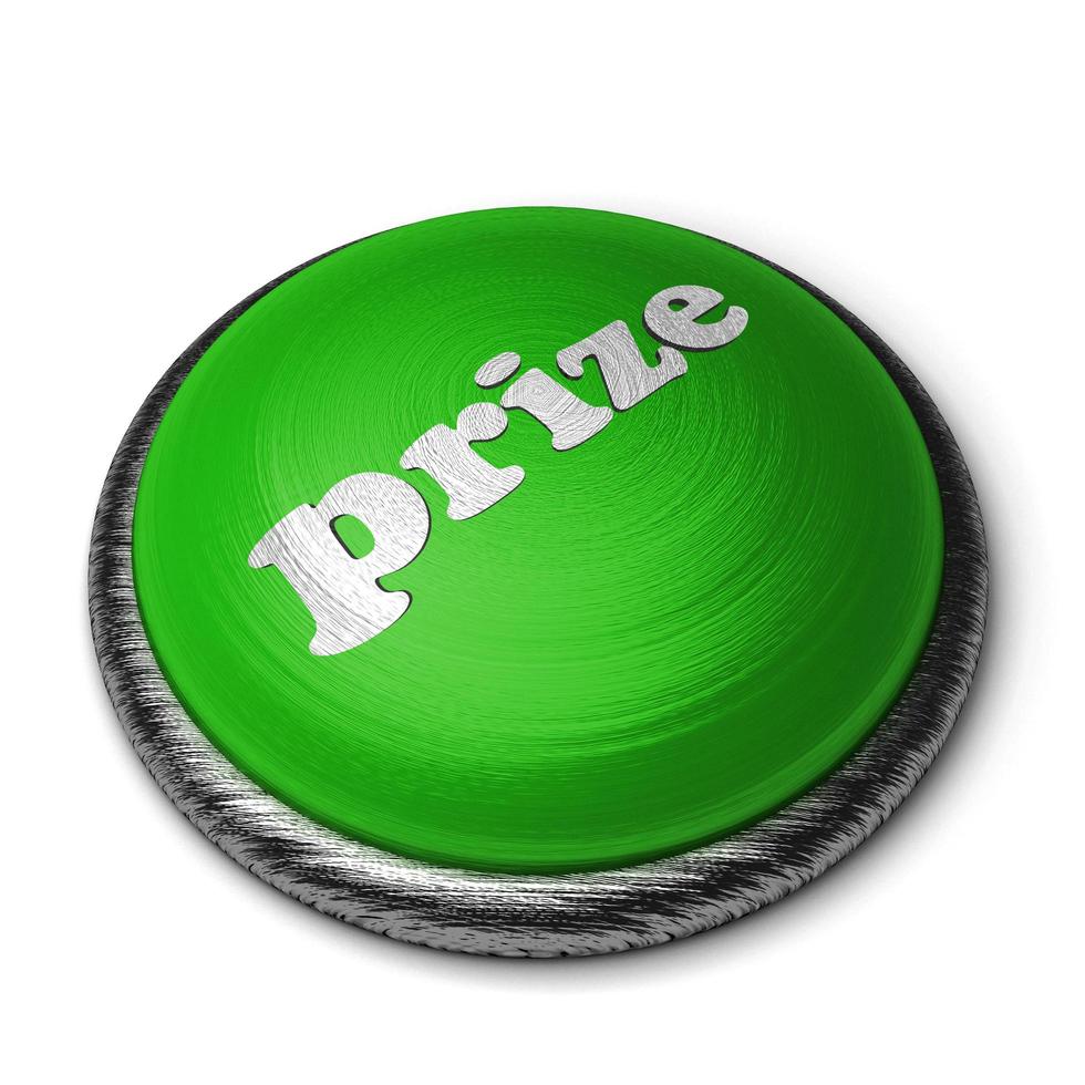 palavra de prêmio no botão verde isolado no branco foto
