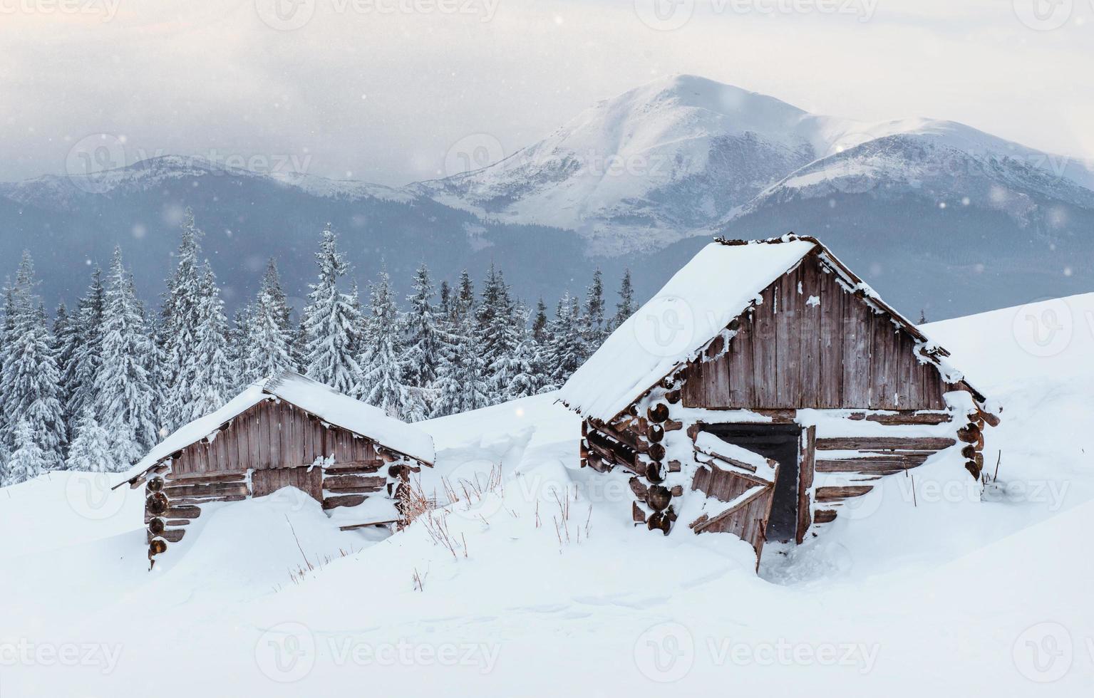 cabana nas montanhas no inverno. névoa misteriosa. em antecipação das férias. Cárpatos. Ucrânia, Europa. feliz Ano Novo foto