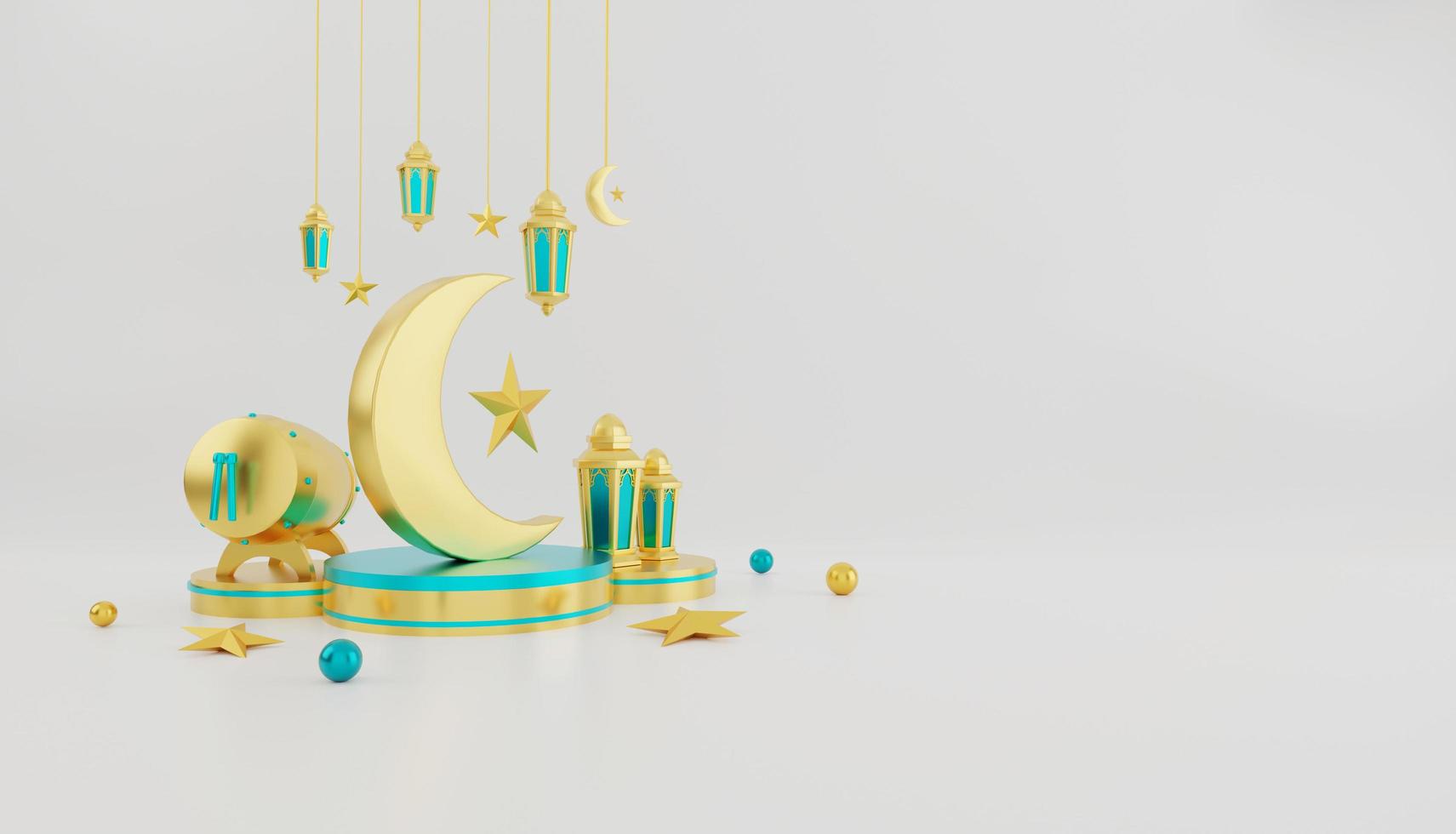 fundo de decoração de pódio de exibição islâmica com tambor, lanterna, lua e lanterna. conceito de design ramadan kareem, iftar, isra miraj, eid al fitr adha, muharram, copie o texto do espaço, ilustração 3d foto