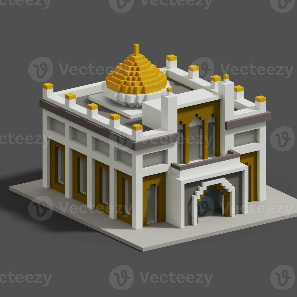 renderização 3D voxel da ilustração da mesquita com esquema de cores amarelo, branco e cinza. perfeito para evento islâmico e banner de cartão foto