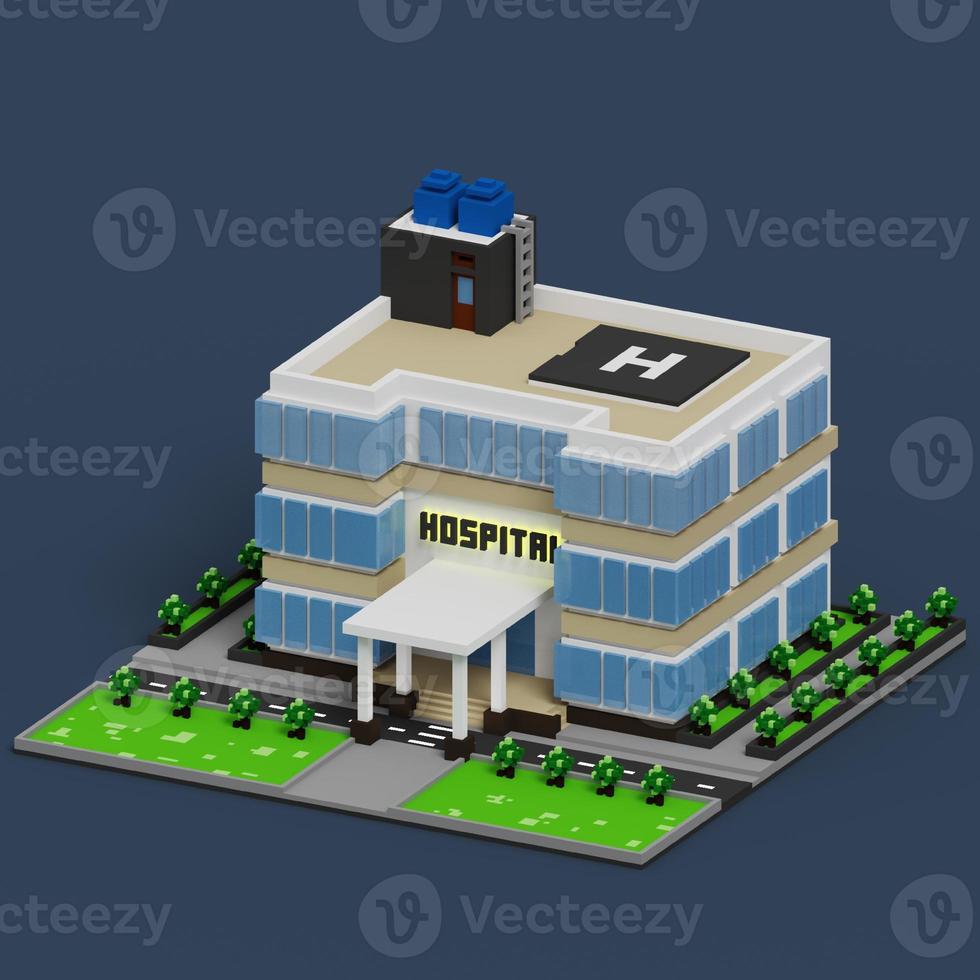 Renderização de voxel em 3D do edifício do hospital com esquema de cores branco, azul, preto, verde e bege. perfeito para banner do programa de campanha do hospital foto
