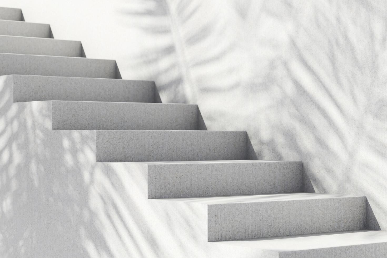 escada branca e plantas tropicais de sombra de sol na parede, abstrato. renderização em 3D foto
