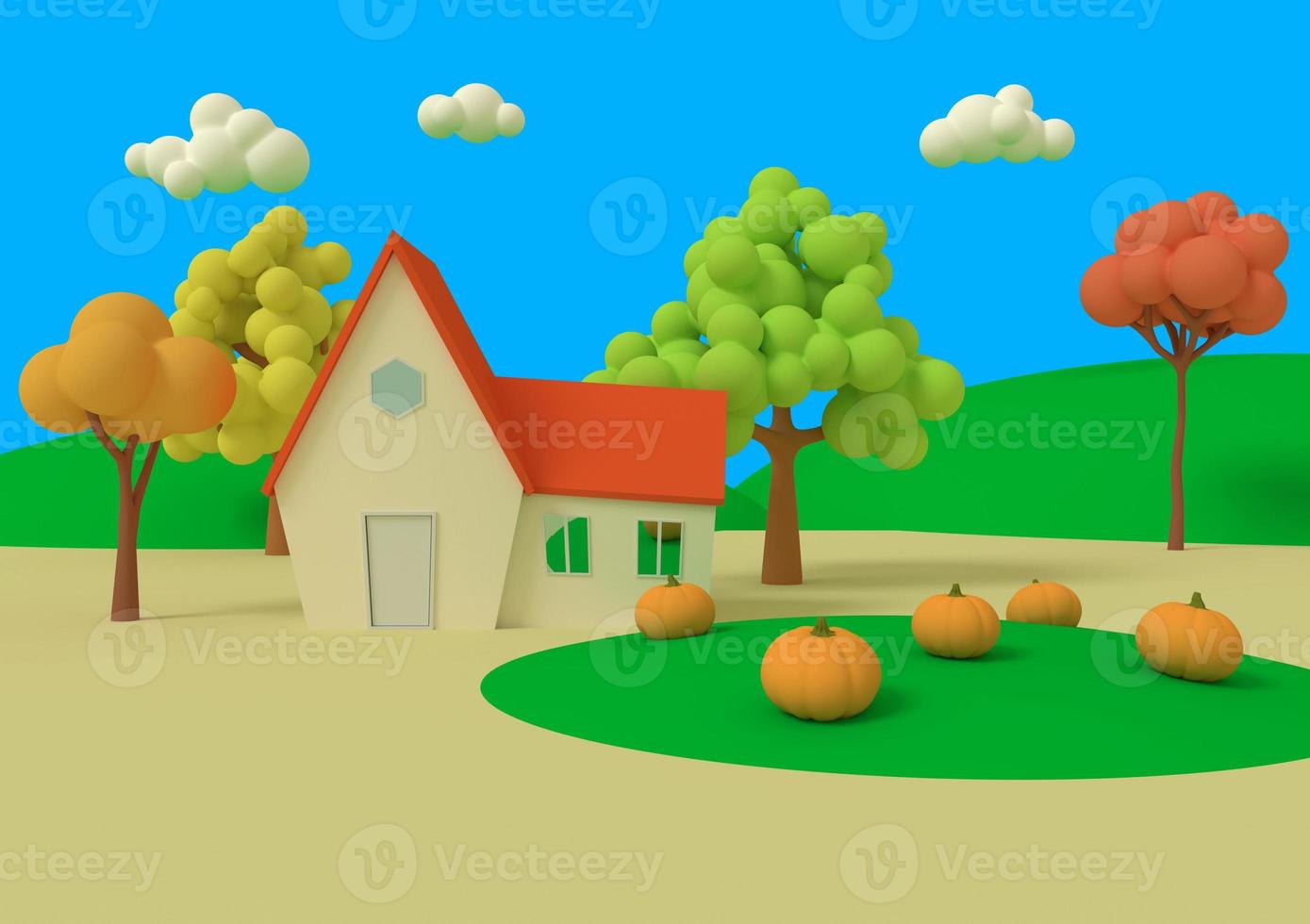 casa no campo de abóboras no fundo dos anteriores de outono. renderização em 3D. pitoresca paisagem rural com colheita em estilo cartoon. foto