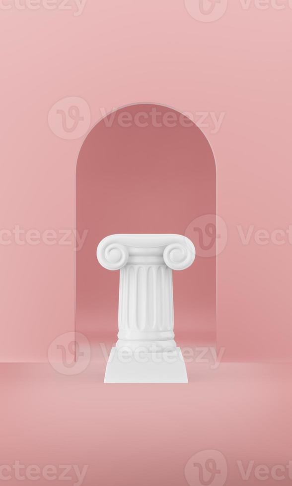 coluna de pódio abstrata no fundo rosa com arco. o pedestal da vitória é um conceito minimalista. renderização 3D. foto