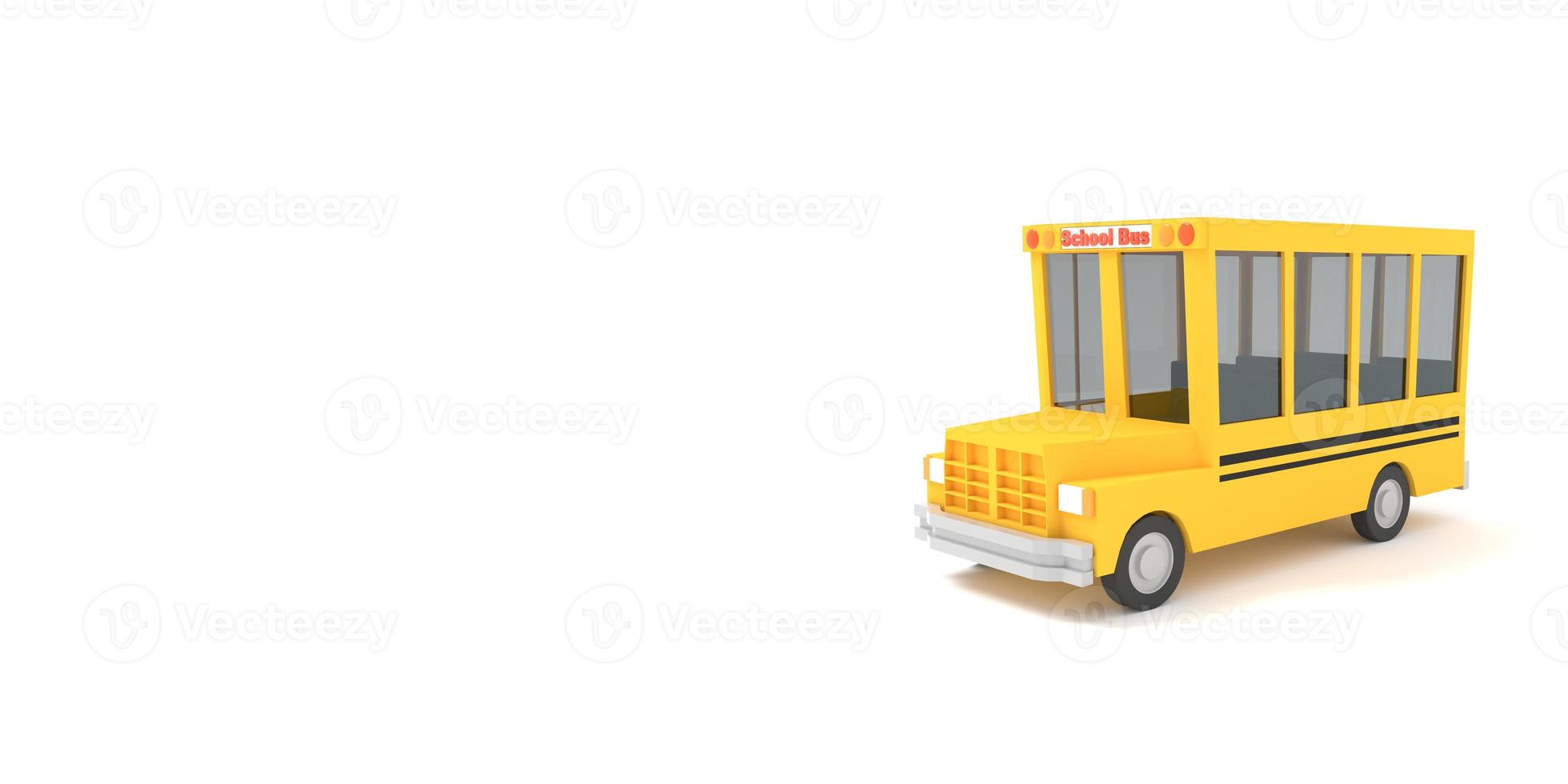 ônibus escolar dos desenhos animados amarelo sobre um fundo branco. ilustração de escola isolada simples. renderização 3D. foto