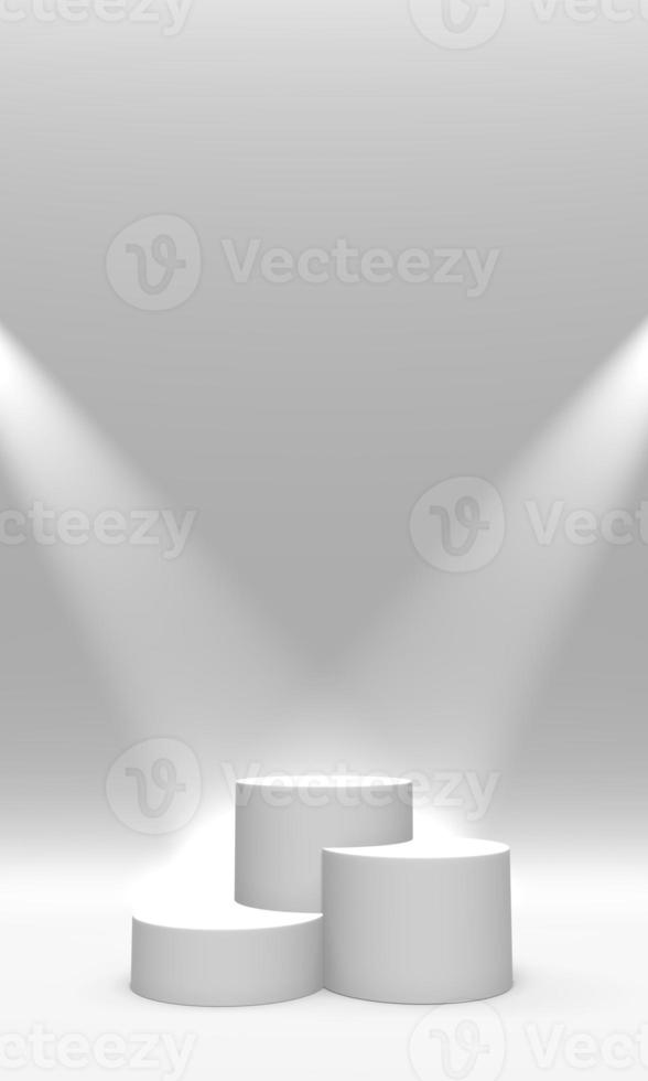 pódio, pedestal ou plataforma de cor branca iluminada por holofotes em fundo branco. ilustração abstrata de formas geométricas simples. renderização 3D. foto