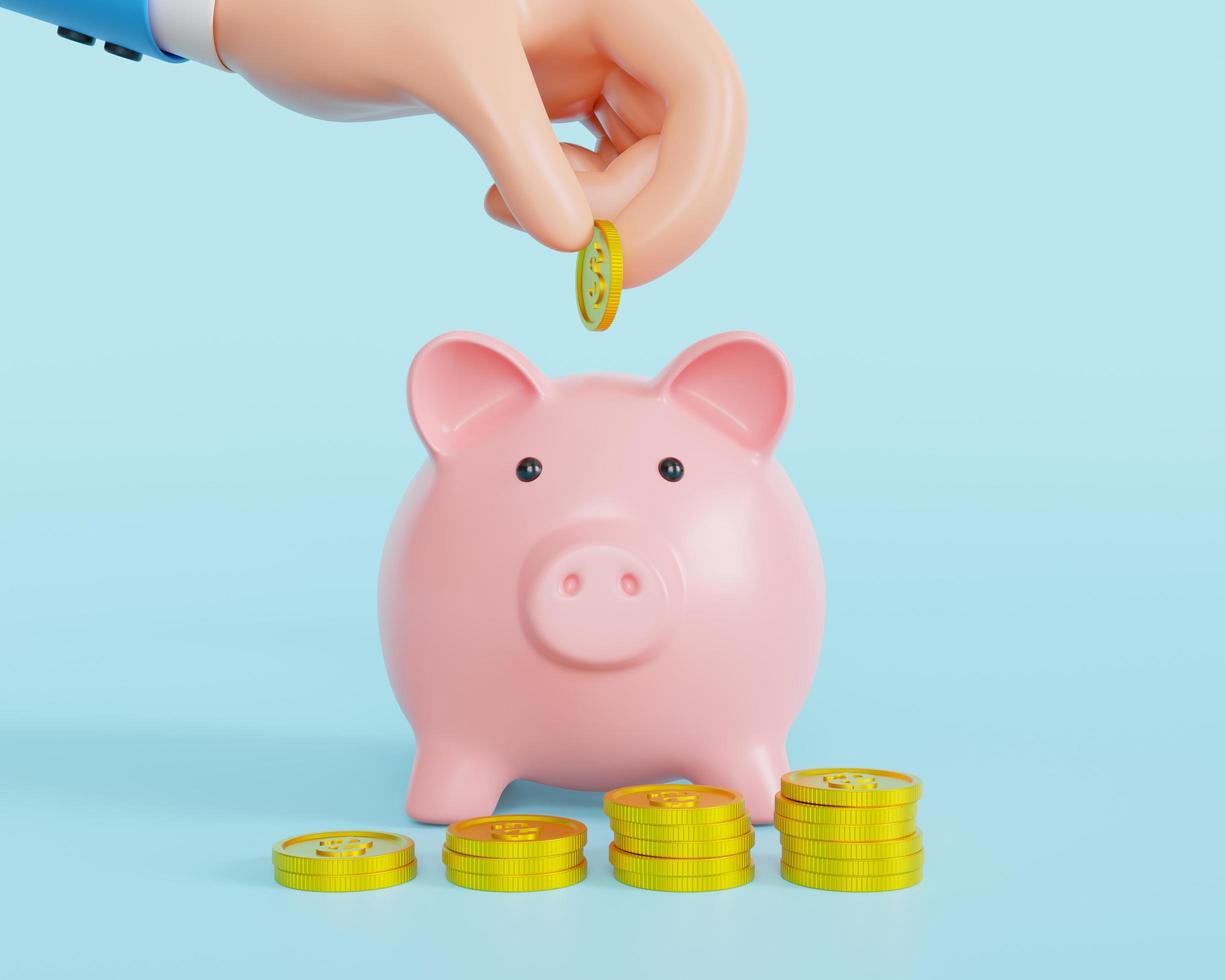 mão colocando moeda no cofrinho em fundo azul, conceito de economizar dinheiro ou poupança, investimento, renderização em 3d. foto