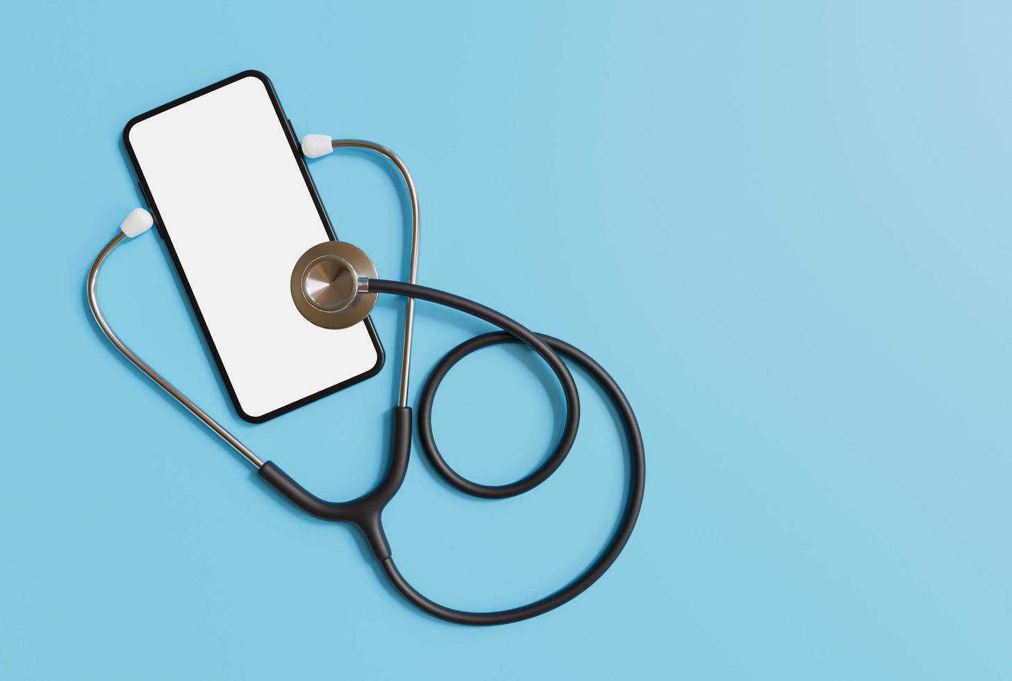estetoscópio e smartphone em fundo azul, maquete de smartphone de saúde de aplicativo, obtenha uma consulta on-line de médico por smartphone, conceito de consulta on-line de médico. renderização 3D. foto