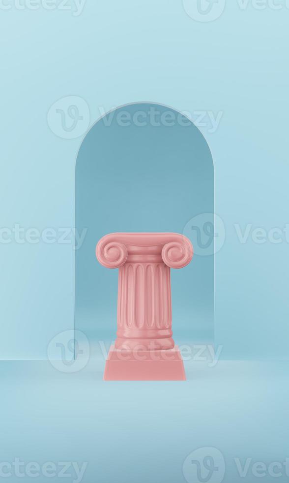 coluna abstrata pódio rosa sobre fundo azul com arco. o pedestal da vitória é um conceito minimalista. renderização 3D. foto