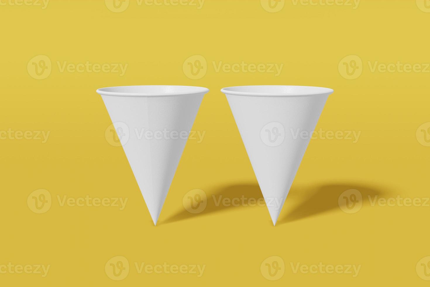 conjunto de dois copos de maquete de papel branco em forma de cone em um fundo amarelo. renderização em 3D foto