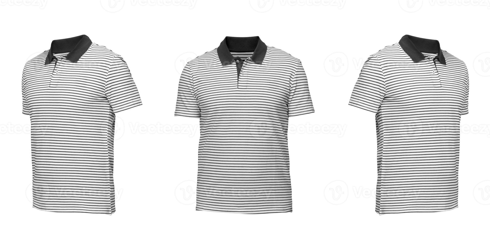 camisa polo branca com listras. camisa vista frontal três posições em um fundo branco foto