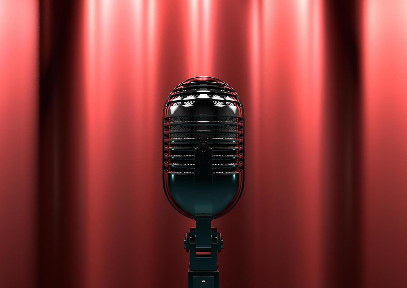 microfone vintage no palco com cortinas vermelhas. iluminação de palco temperamental cria drama e suspense. foto