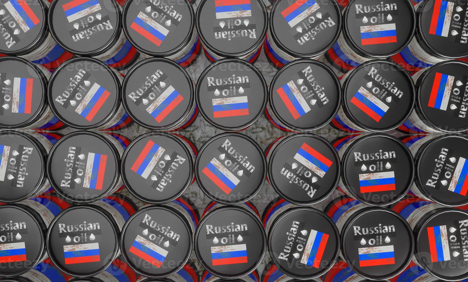 barril de petróleo russo do armazém, fundo com barril. barris com cores da bandeira russa. ângulo de cima. sanções ao petróleo russo. trabalho 3D e ilustração 3D foto