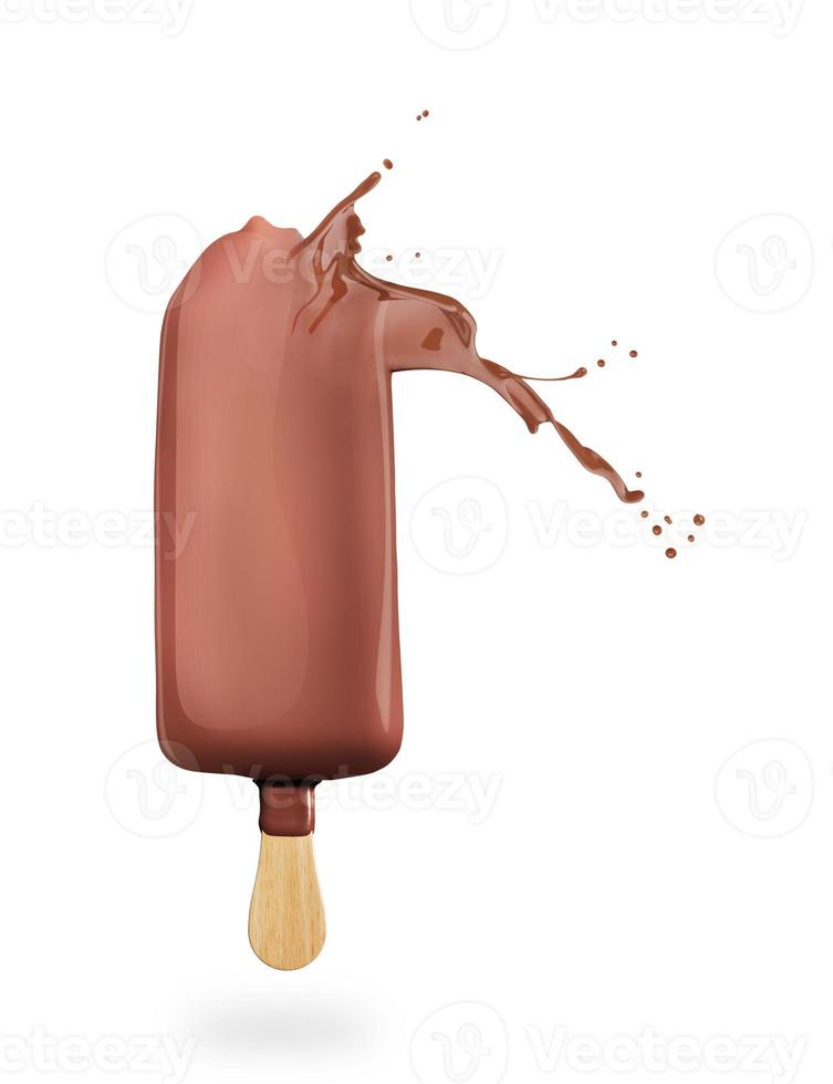respingo de chocolate de sorvete de baunilha em esmalte de chocolate isolado no fundo branco foto