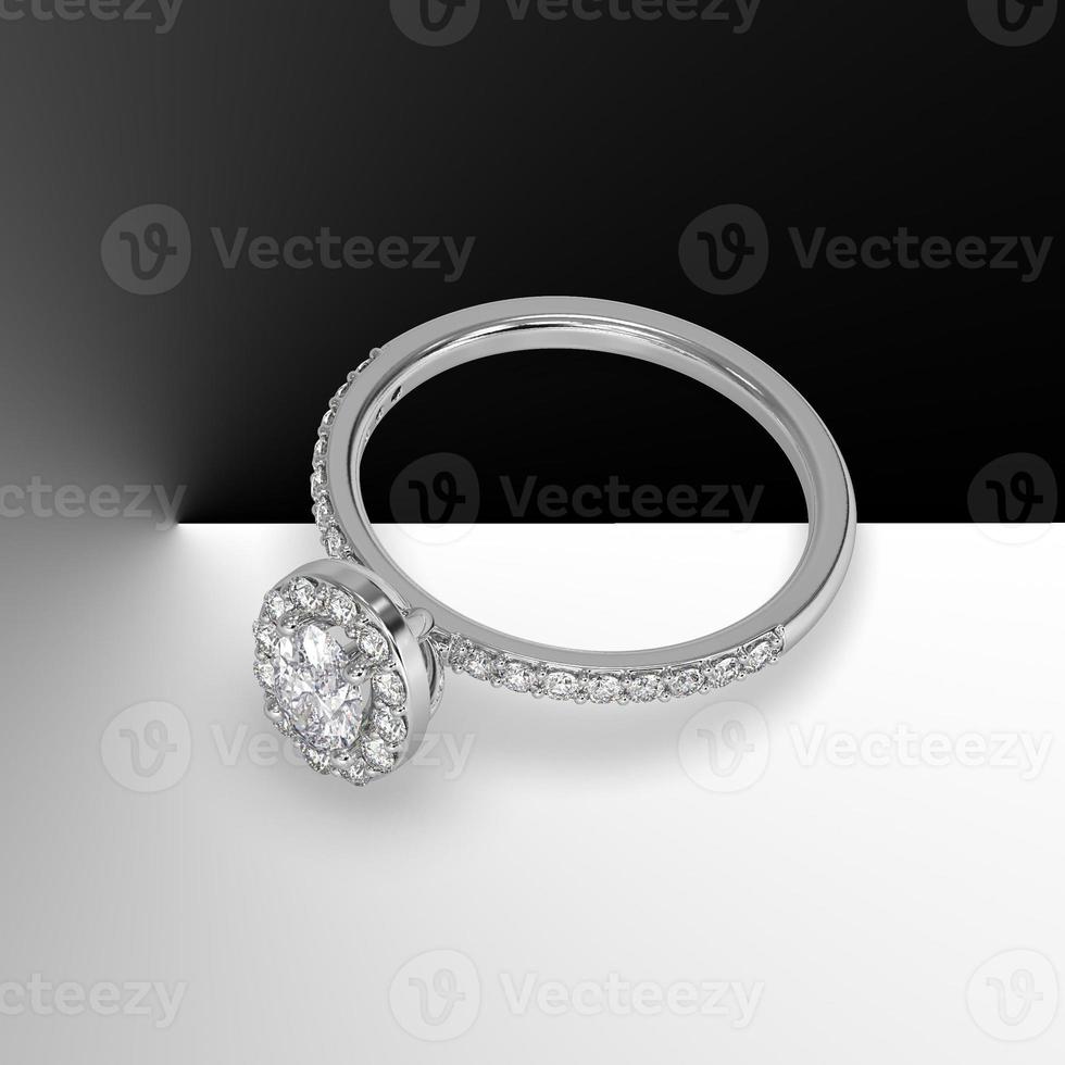 anel de noivado halo de ouro branco com pedra central de corte oval e pedras laterais na haste renderização 3d foto