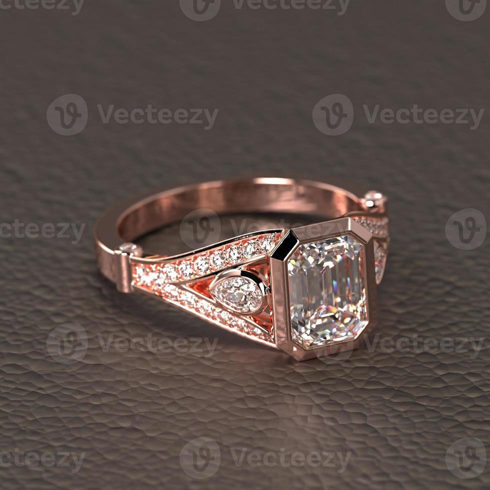 anel de noivado de ouro rosa com diamante renderização 3d com fundo bonito foto