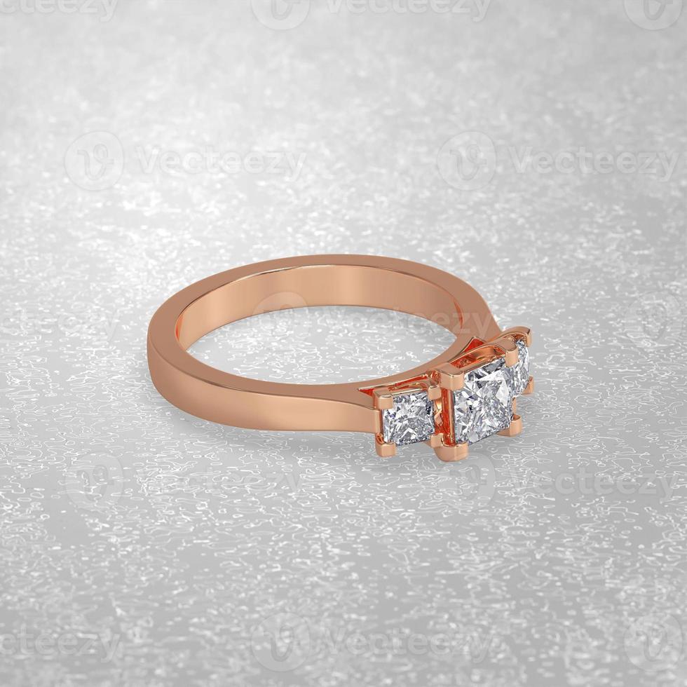 Anel de noivado de 3 pedras, estabelecendo posição em renderização 3d de ouro rosa foto