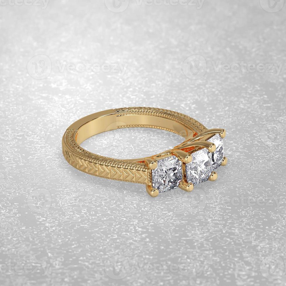 anel de noivado de três pedras, estabelecendo posição em metal ouro 3d render foto