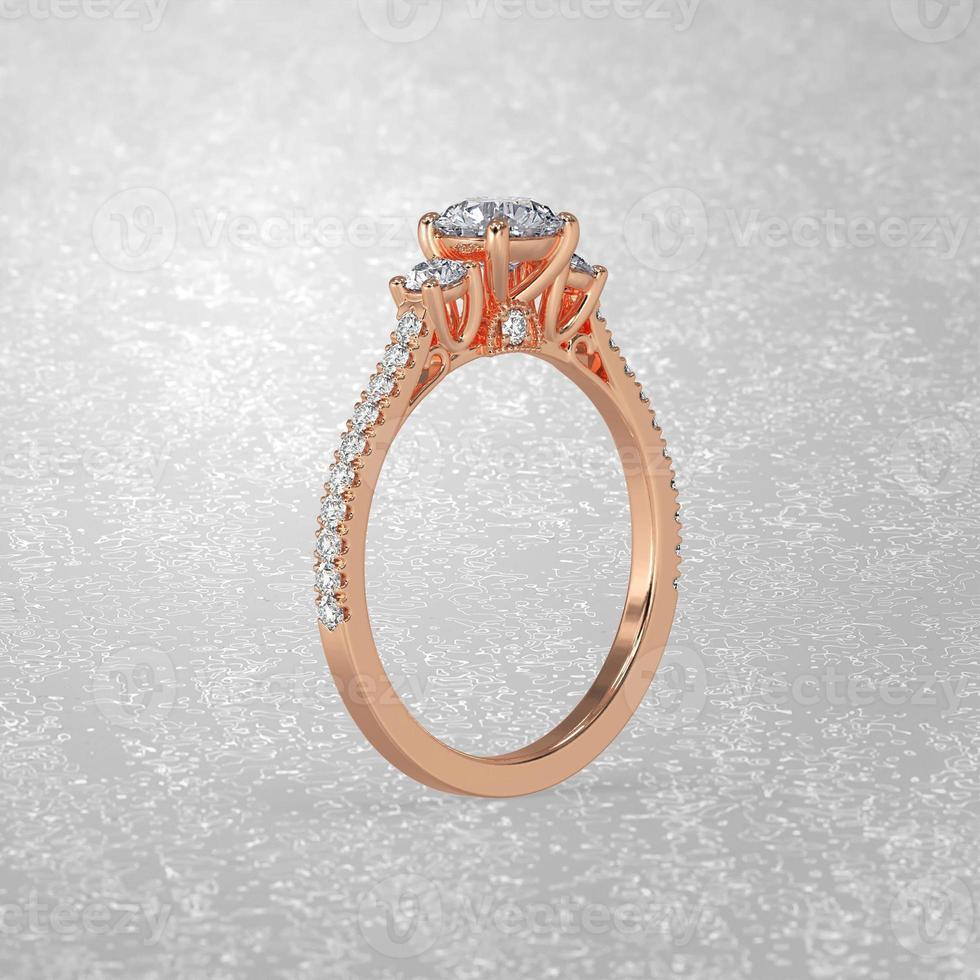 Posição de pé do anel de noivado de 3 pedras em renderização 3d de ouro rosa foto