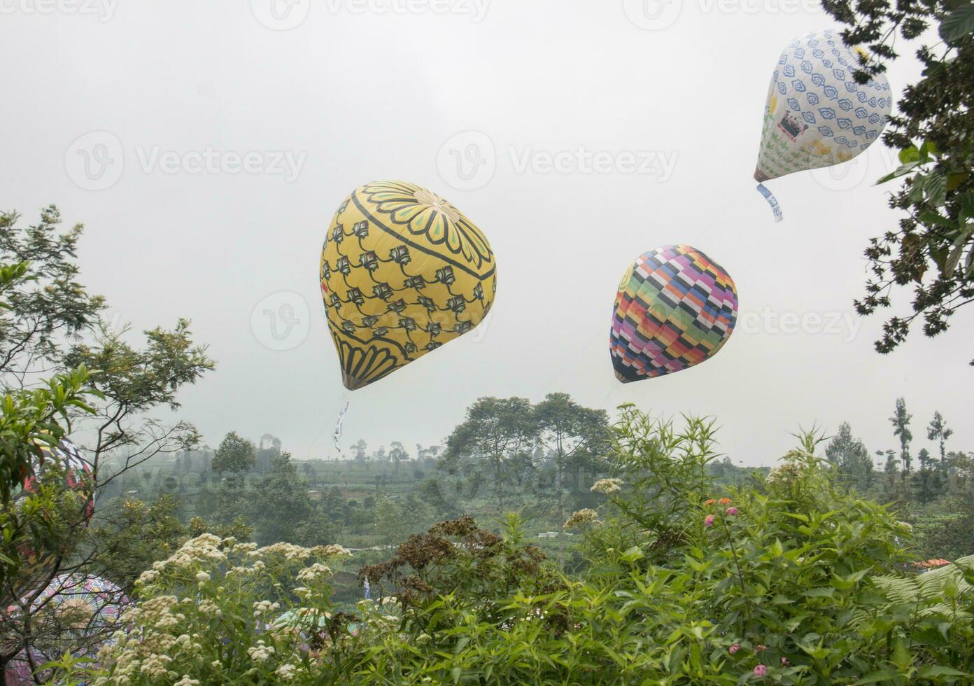 3 balões de ar voando na floresta foto