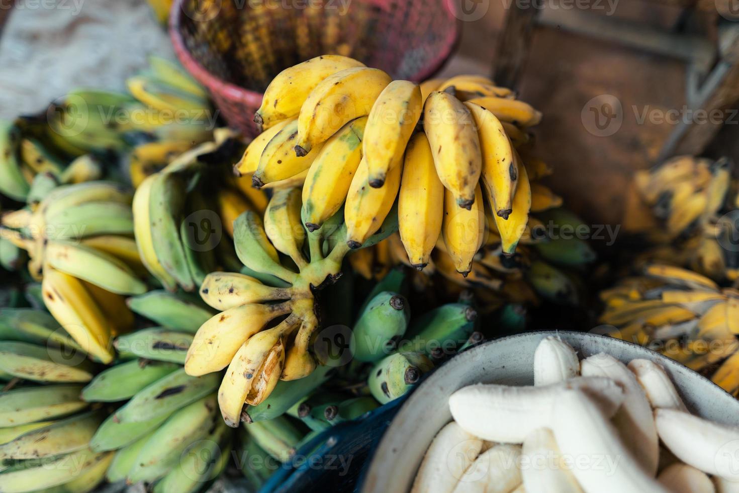 banana cultivada para processamento, banana na mão do vendedor foto