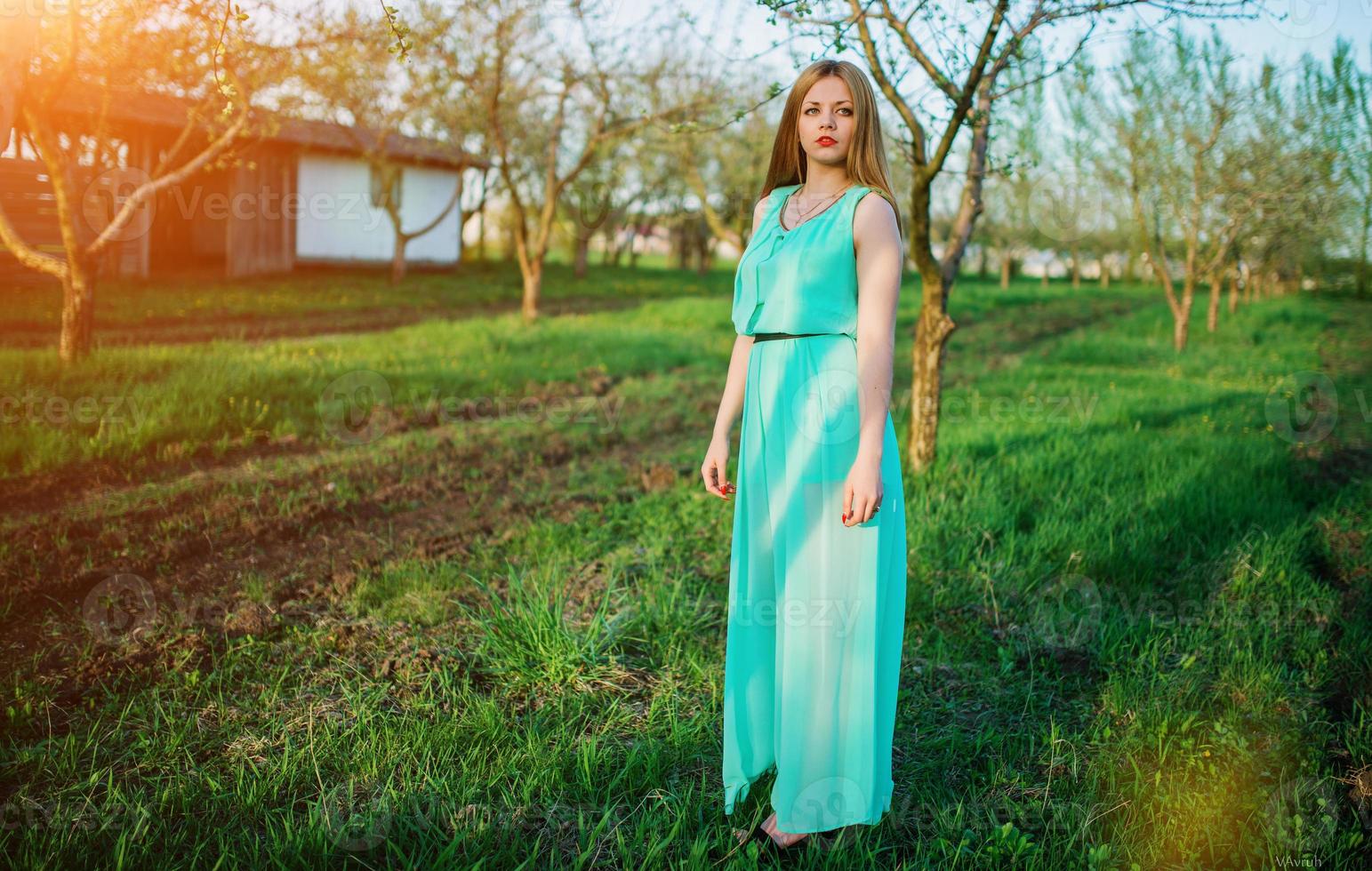 mulher em um lindo vestido longo turquesa posando em um prado no jardim de frutas. foto