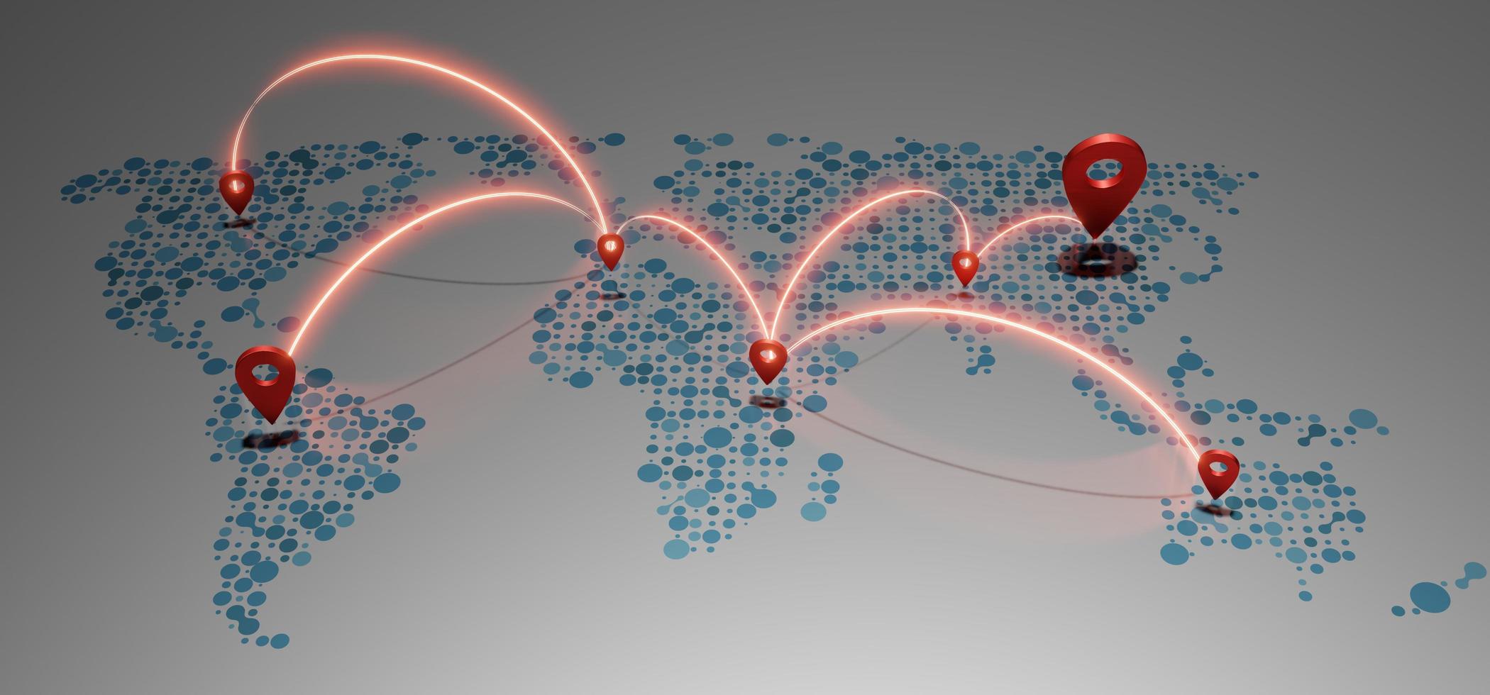 mapa do mundo e pinos de coordenadas do sistema de navegação gps links de comunicação ilustração 3d foto