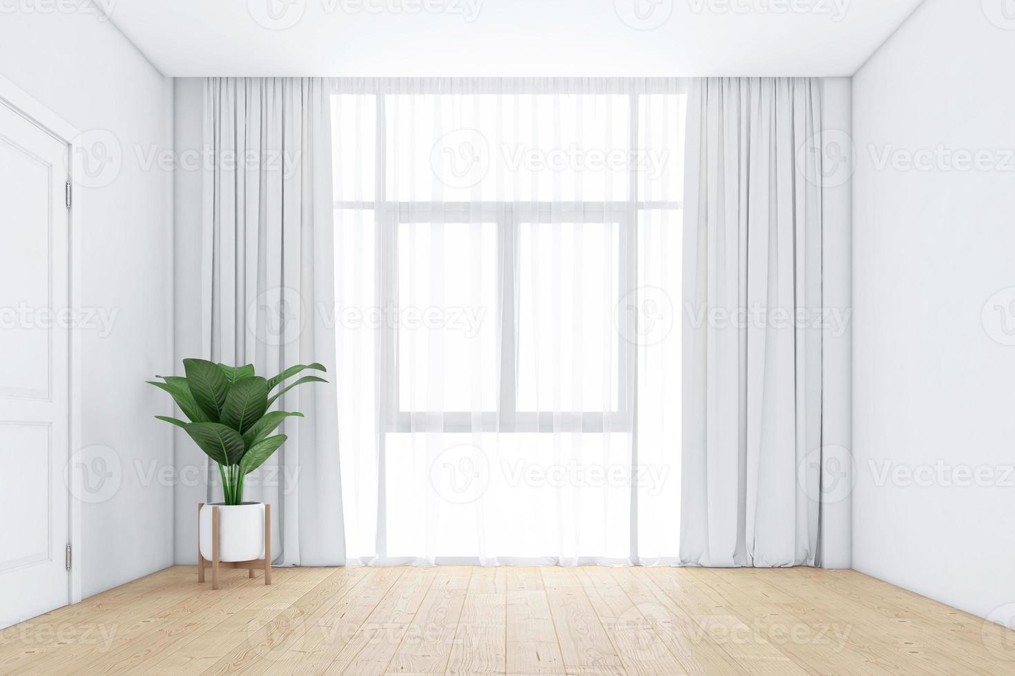 quarto vazio com janelas e cortinas brancas, piso de madeira. renderização em 3D foto