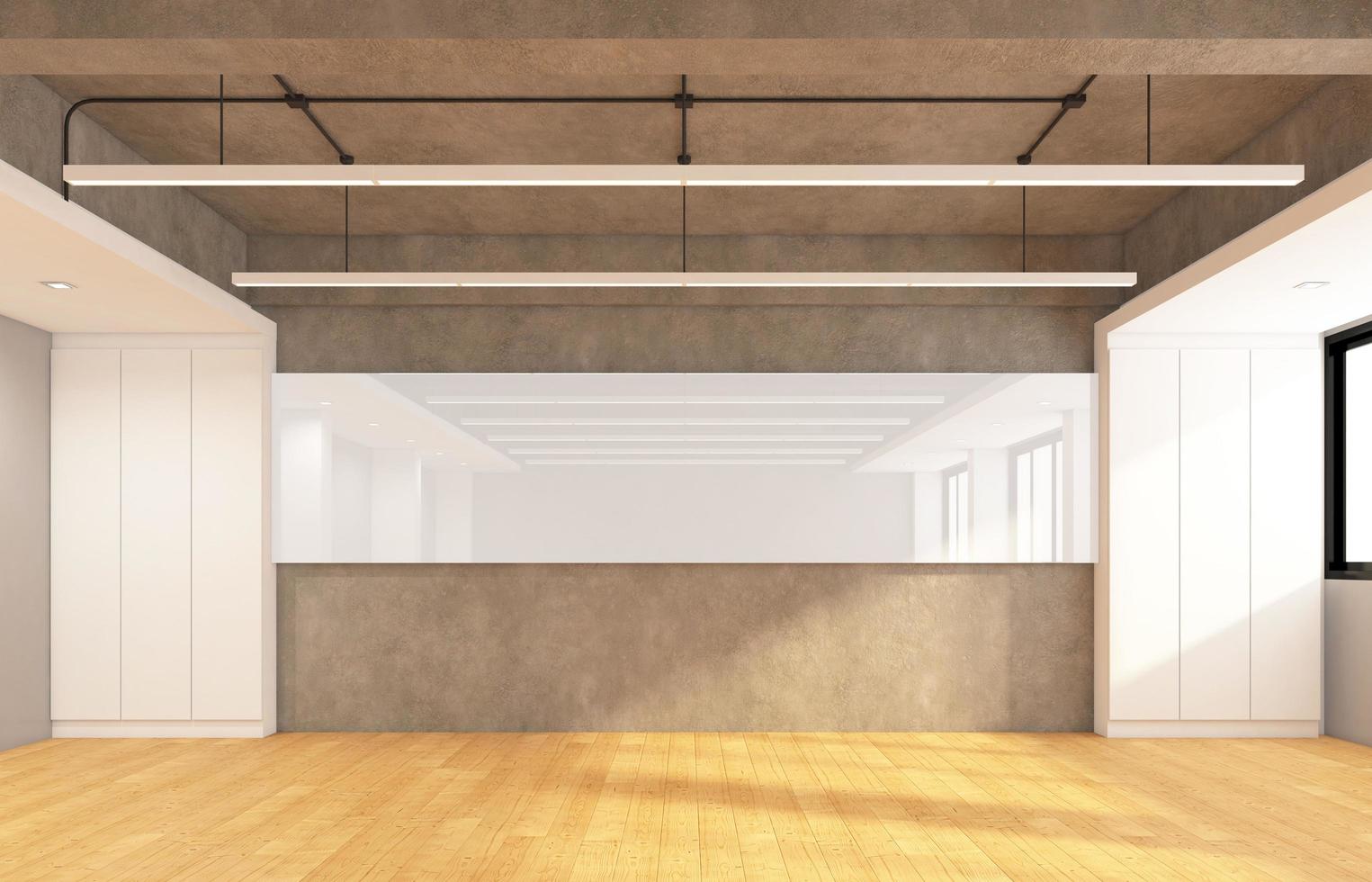 quarto loft vazio com quadro branco e parede de gesso, piso de madeira. renderização em 3D foto