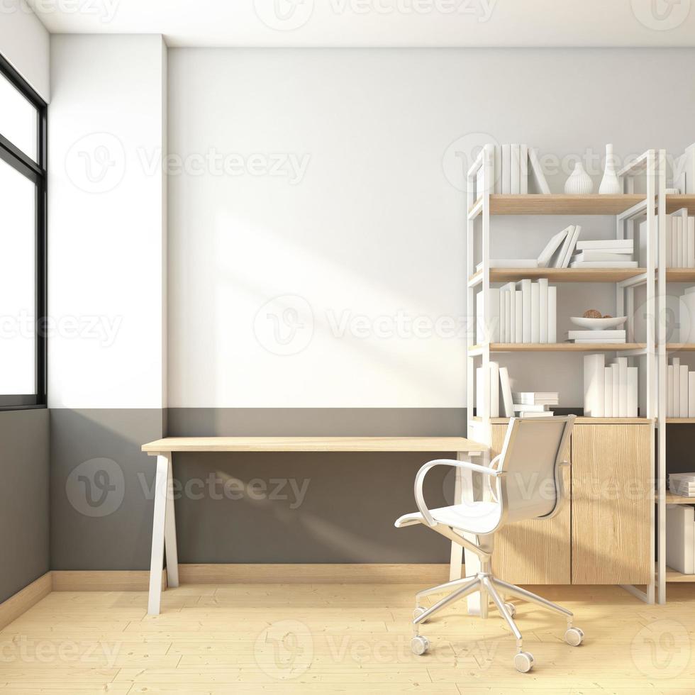 sala de trabalho minimalista com mesa e cadeira, prateleira e armário. renderização em 3D foto