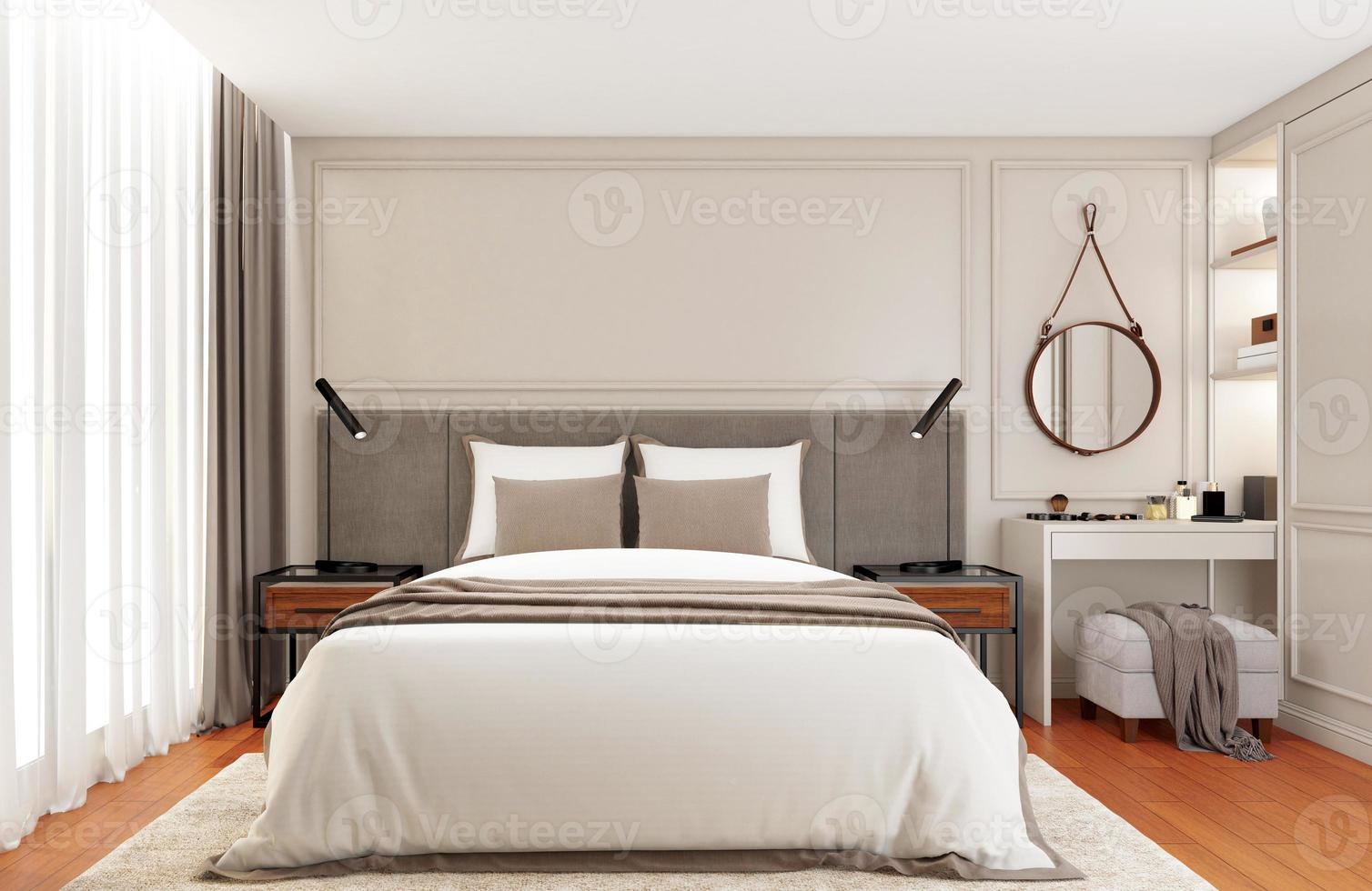 quarto de luxo moderno com cama queen size branca e penteadeira, cornija de parede e piso de madeira. renderização em 3D foto