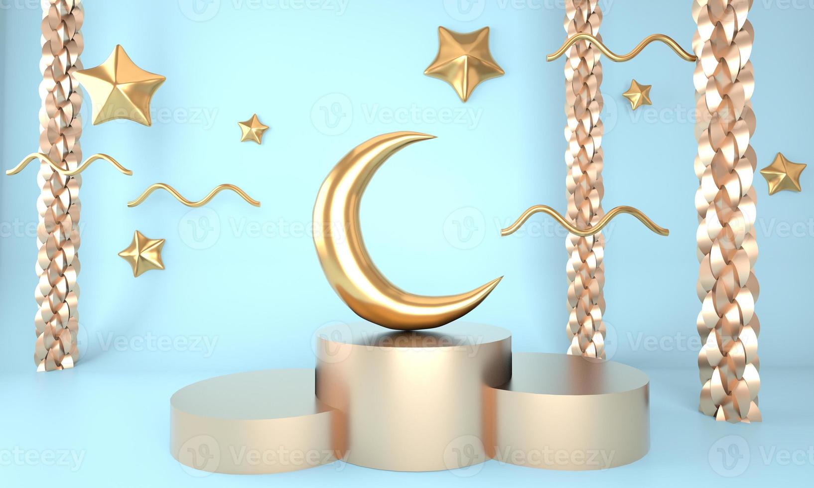 modelo de saudação ramadan kareem com lua. pódio, fique no fundo claro de férias para produtos publicitários - ilustração de renderização 3d para cartões, saudações. foto