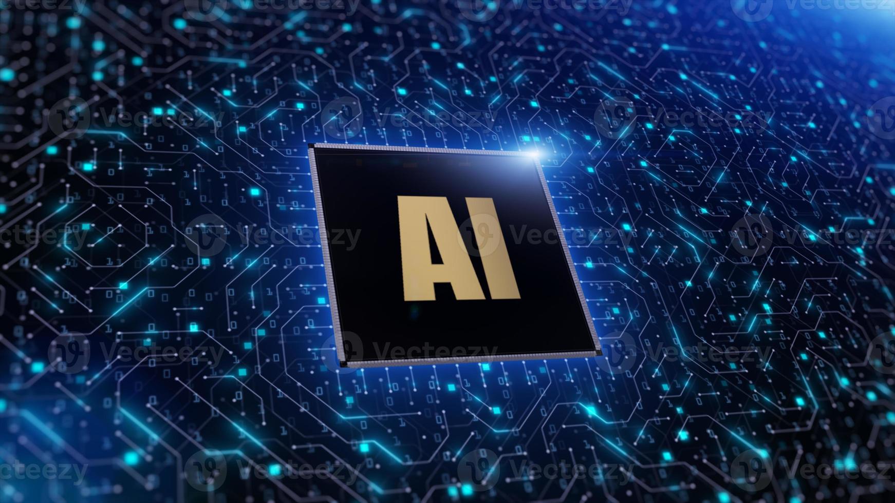 renderização 3d digital de chip de computador sobre fundo de circuito com sinal de ai. conceito de inteligência artificial ai, análise de dados de conexão de alta velocidade, tecnologia futura digital foto