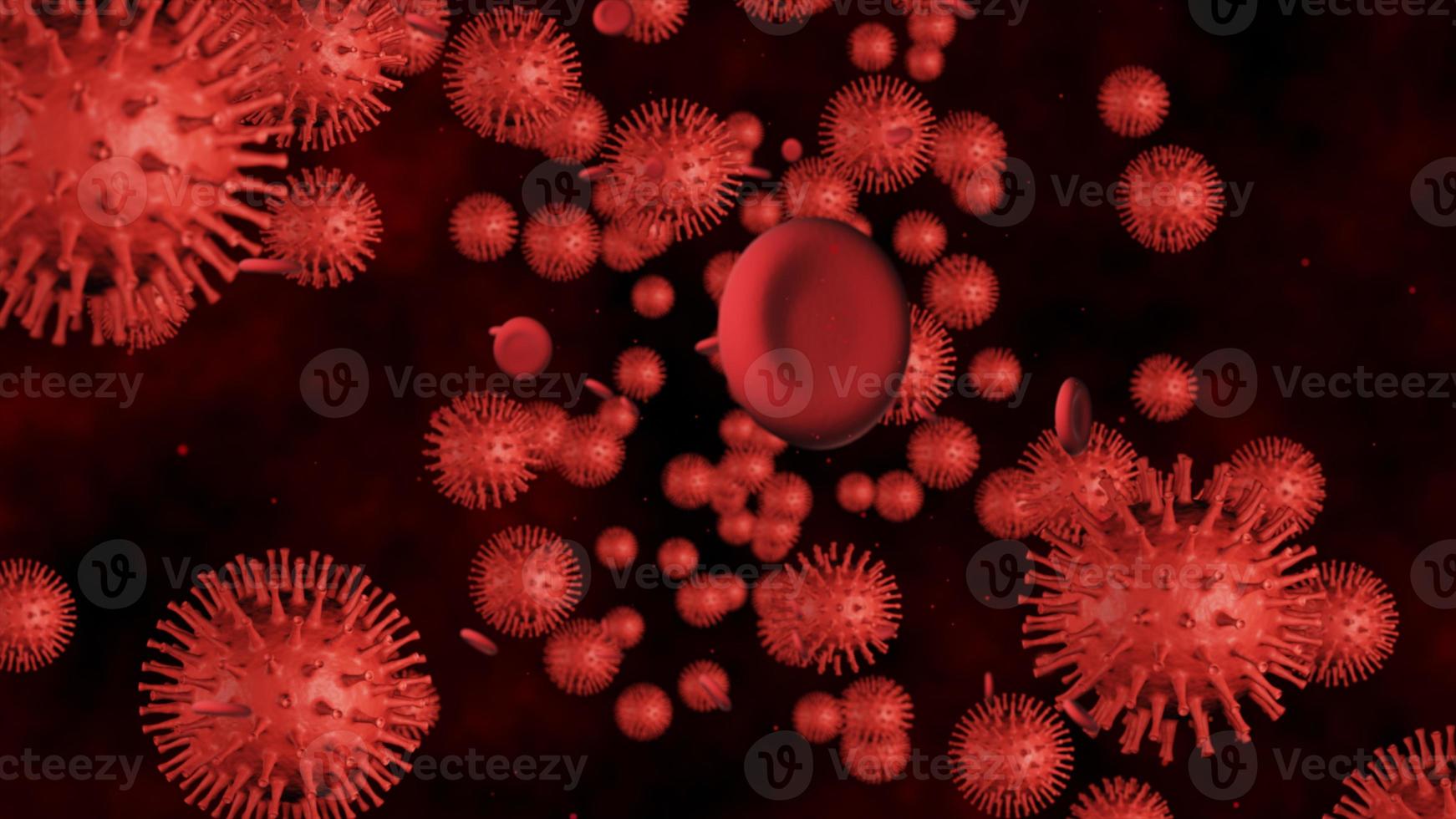 3d renderizar coronavírus, vírus da gripe ou microorganismo. rápida multiplicação da infecção bacteriana. fundo de cor vermelha. foto