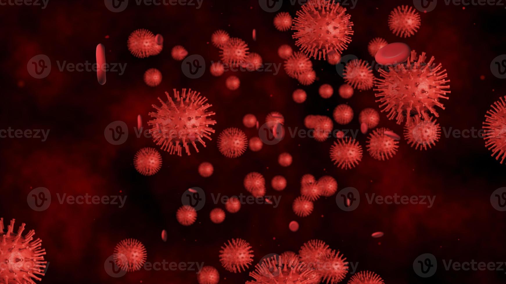 3d renderizar coronavírus, vírus da gripe ou microorganismo. rápida multiplicação da infecção bacteriana. fundo de cor vermelha. foto