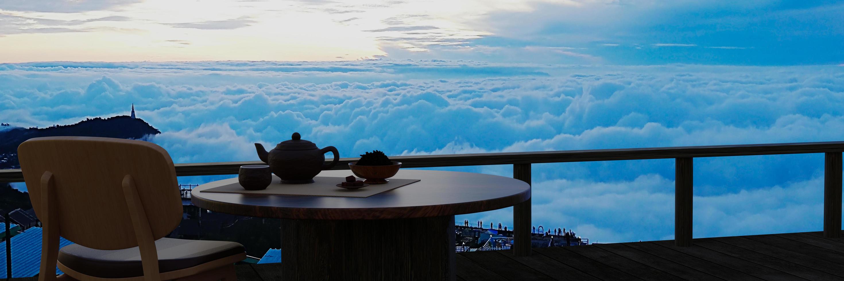 conjunto de chá de cerâmica e folhas de chá secas em uma mesa de madeira e cadeira na varanda ou terraço de madeira. montanha com mar matinal de névoa e sol. chá quente na atmosfera da montanha. renderização em 3D foto