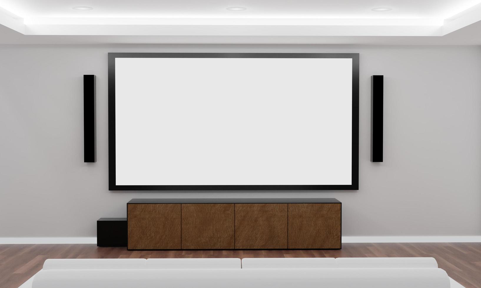 home theater na parede de gesso branco na sala de estar. TV de tela de parede grande e uso de equipamentos de áudio para mini alto-falantes surround de home theater. sofá branco e mesa no chão de madeira. renderização 3D. foto