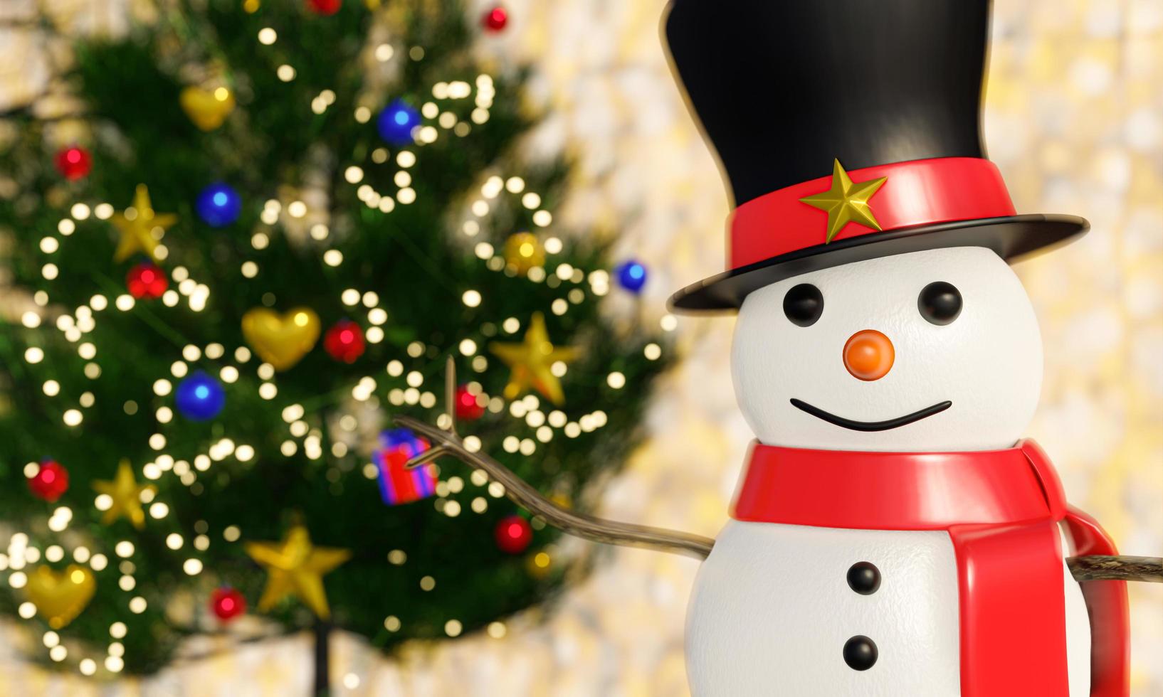 boneco de neve de cartola preta enrole um lenço vermelho. o fundo é uma decoração de pinheiro turva para festivais de natal e celebrações de ano novo. renderização em 3D foto