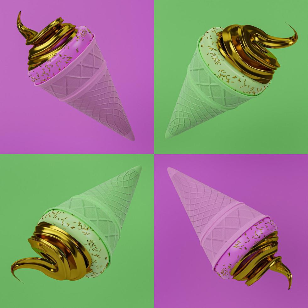 casquinha de sorvete verde e rosa sem costura. waffles crocantes e textura de sorvete rosa. recheio de sorvete dourado coberto com bolinhas de açúcar douradas. sorvete em um fundo rosa. renderização em 3D foto