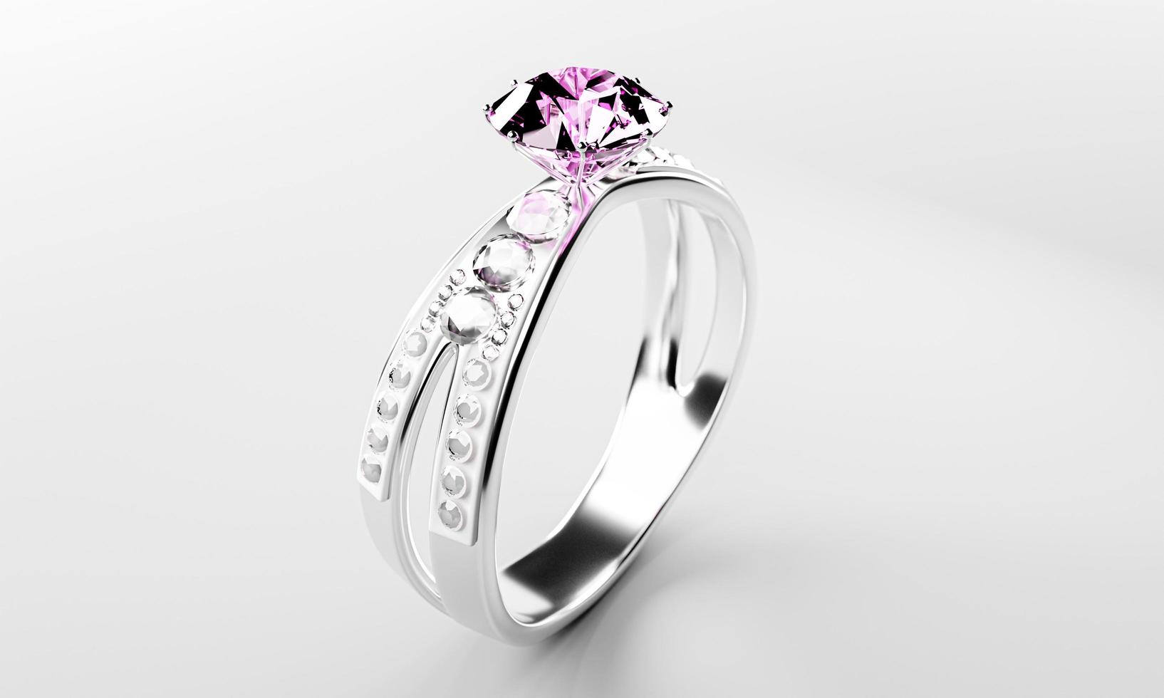 o grande diamante rosa é cercado por muitos diamantes no anel de ouro platina colocado sobre um fundo cinza. elegante anel de diamante de casamento para mulheres. renderização em 3D foto