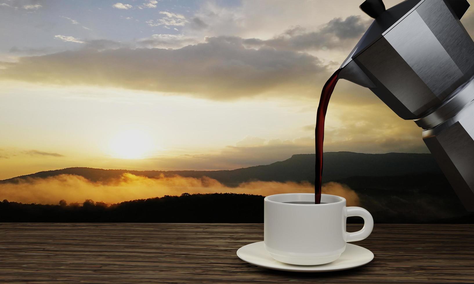 café preto em uma caneca branca e cafeteira moka. a superfície de madeira ou casca de árvore tem um fundo nos pinheiros e serras pela manhã. o sol está nascendo. renderização em 3D foto