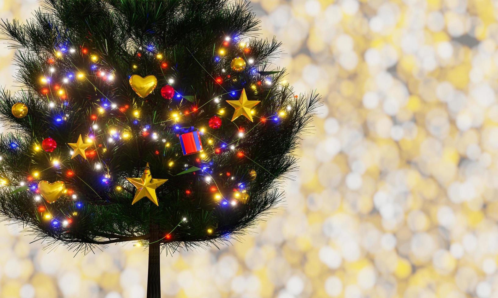 pinheiros decorativos para a época natalícia, bolas decorativas e luzes intermitentes, festas de ano novo e natal. alegria de bokeh de fundo claro ouro brilhante. renderização 3D. foto